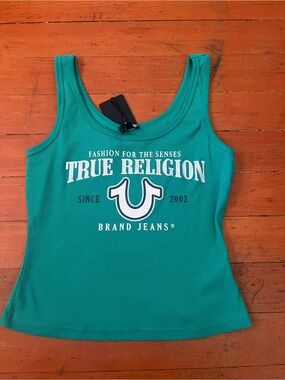 True Religion Teal Ribbed Logo Tank Top